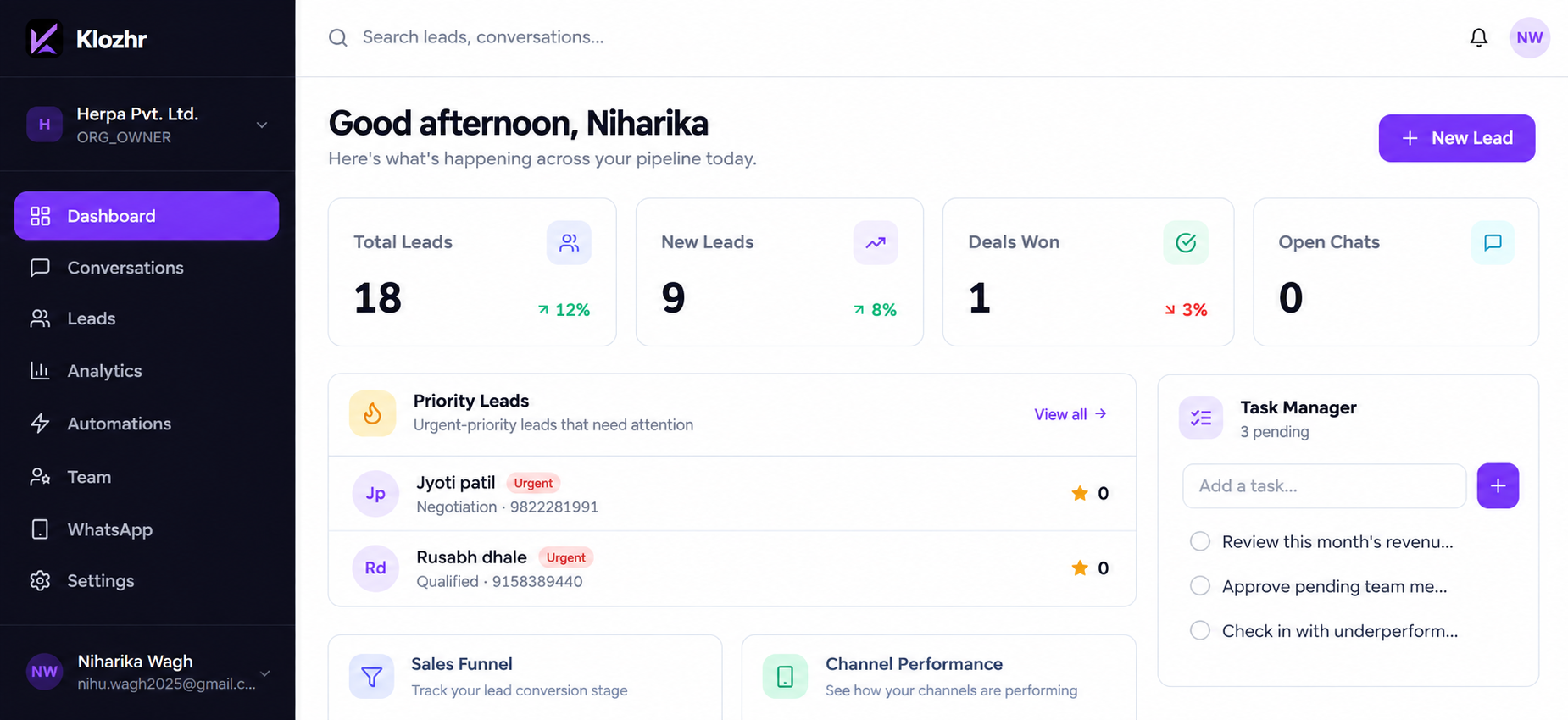 Klozhr leads dashboard